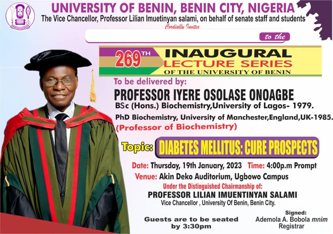 Invitation To The 269th Inaugural Lecture Series – UniBEN NEWS