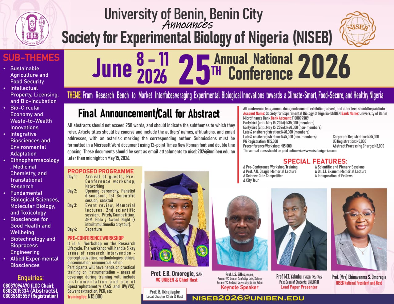 University of Benin to Host 25th NISEB Annual National Conference in June 2026